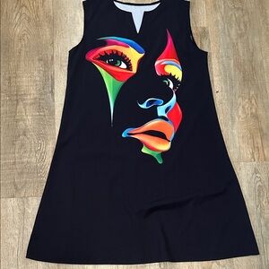 Colorful Face Print Black Sleeveless Dress